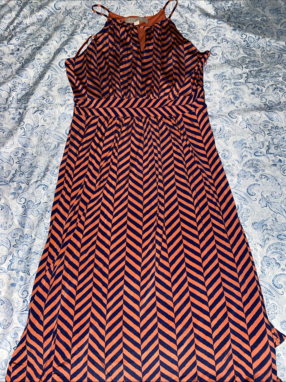 LOFT Orange and Navy Chevron Maxi Dress